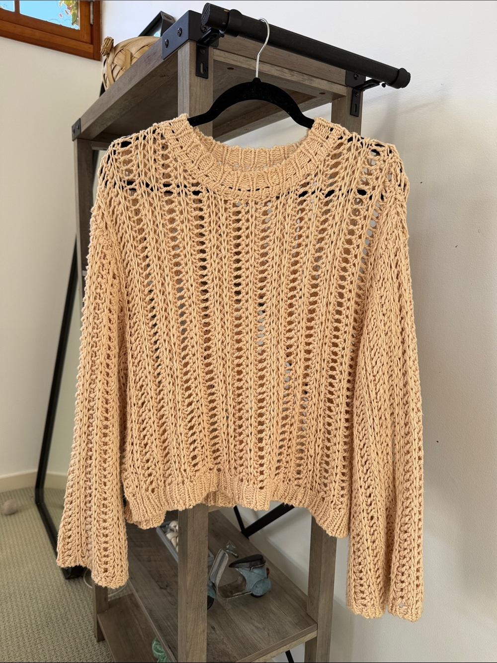 Spell & The Gypsy Open-Knit Scoop Crewneck Sweater in Warm Beige